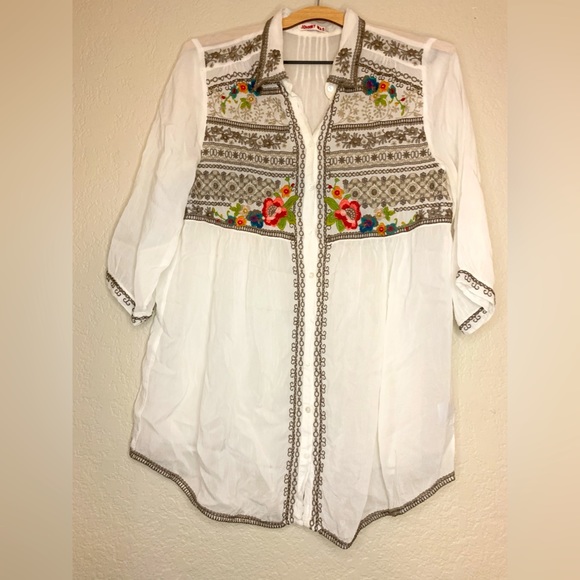 Johnny Was Tops - Johnny Was Embroidered Sheer Button Up Blouse Size S